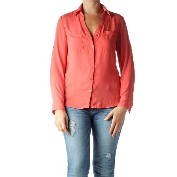 Express Tops - Express Orange Pocketed Collared Shirt